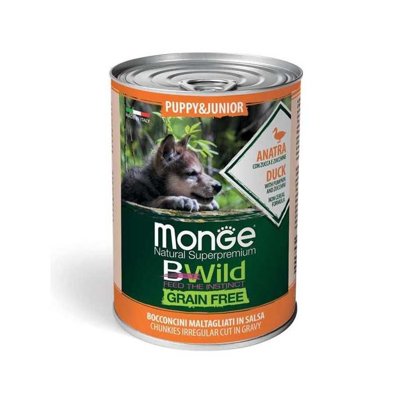 MONGE BWild Grain Free Puppy et Junior All Breeds avec Canard, Citrouille et Courgettes 400 g. MONGE BWild Grain Free Puppy et Junior All Breeds avec Canard, Citrouille et Courgettes 400 g.