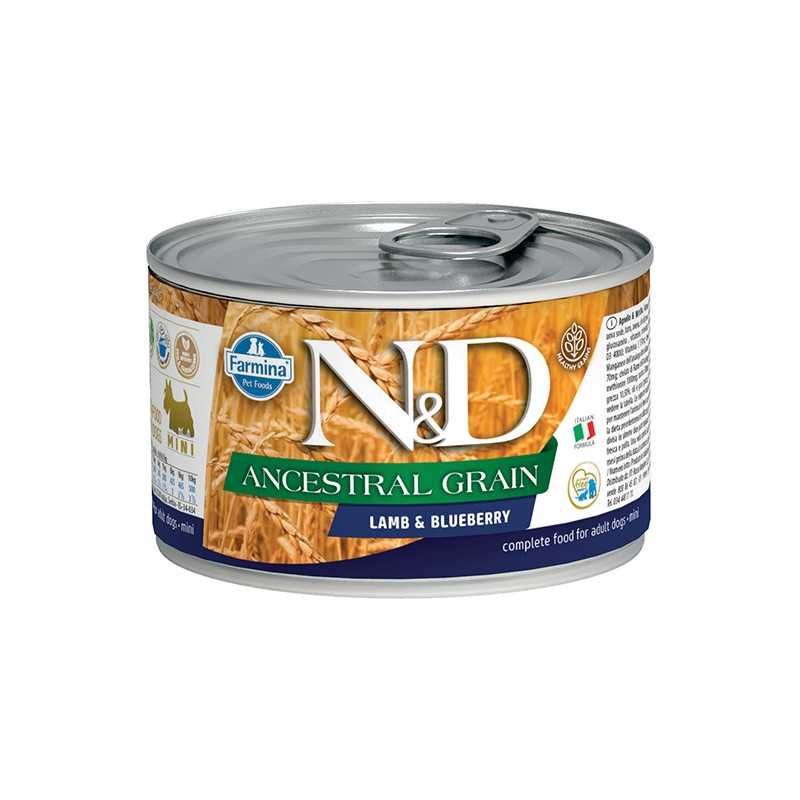 FARMINA N et D ANCESTRAL GRAIN Mini avec Agneau et Myrtilles 140 g. FARMINA N et D ANCESTRAL GRAIN Mini avec Agneau et Myrtilles 140 g.