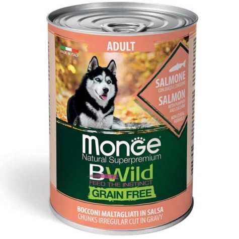 MONGE BWild Grain Free Adult Saumon, Citrouille et Courgettes 12 x 400 g.