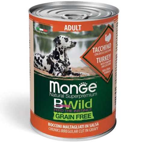 MONGE BWild Grain Free Adult Dinde, Citrouille et Courgettes 12 x 400 g.